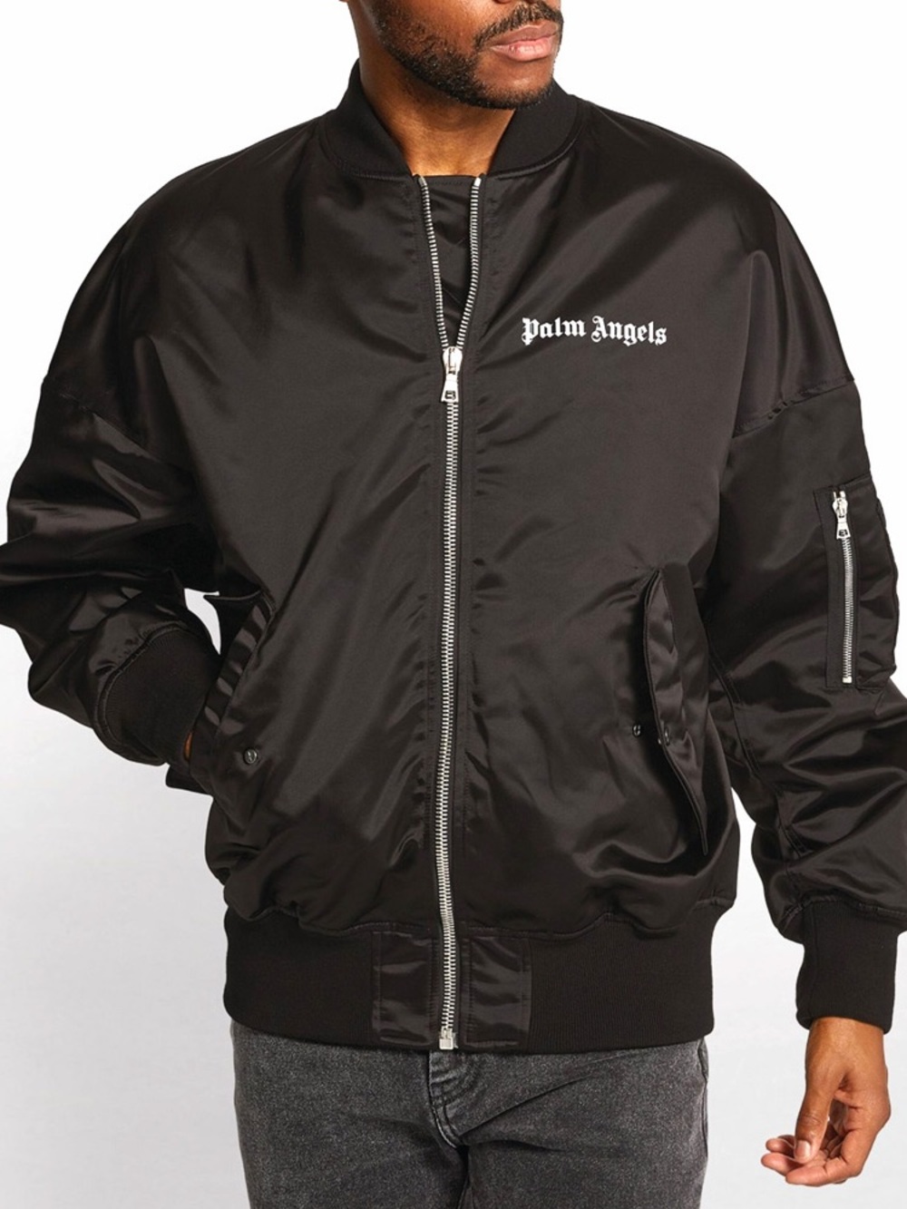 Palm Angels Black Satin Bomber Jacket with Silver Zipper.  Unisex